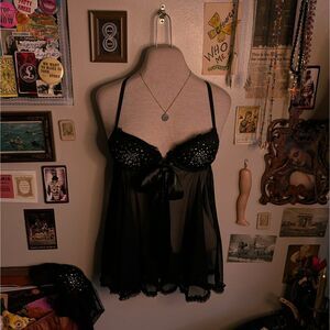 Victoria's Secret 2 Piece Babydoll Lingerie Set Women's 34B Black Sparkly Thong